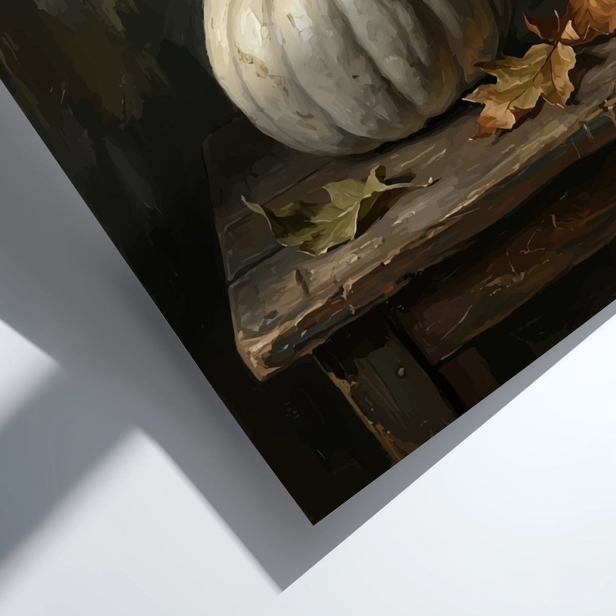 Poster featuring a white pumpkin on a wooden table with dried autumn leaves nearby
