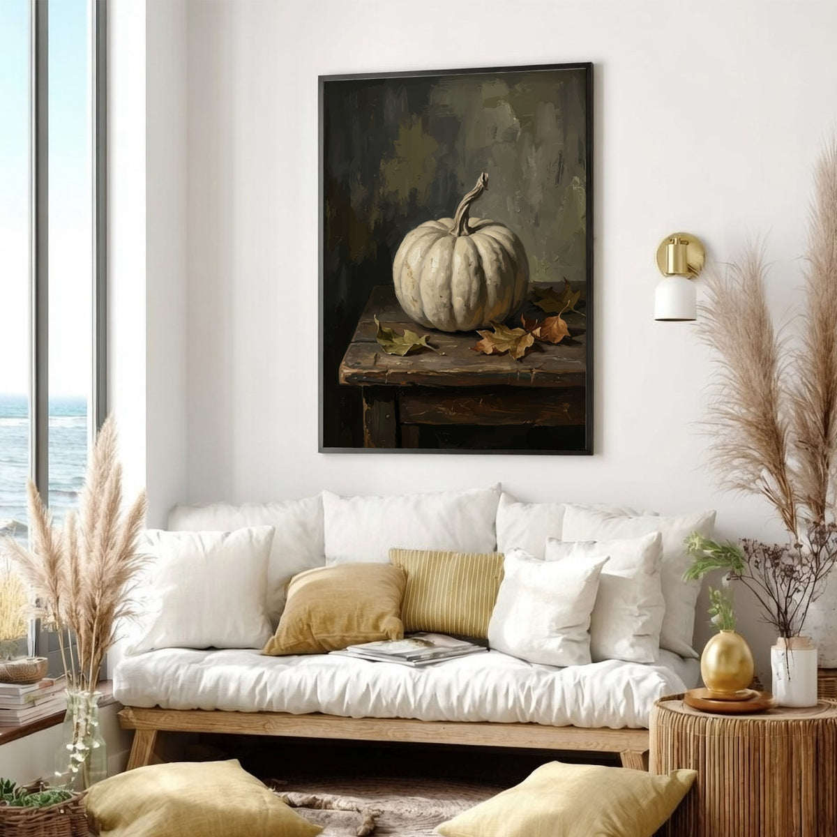 Poster featuring a white pumpkin on a wooden table with dried autumn leaves nearby