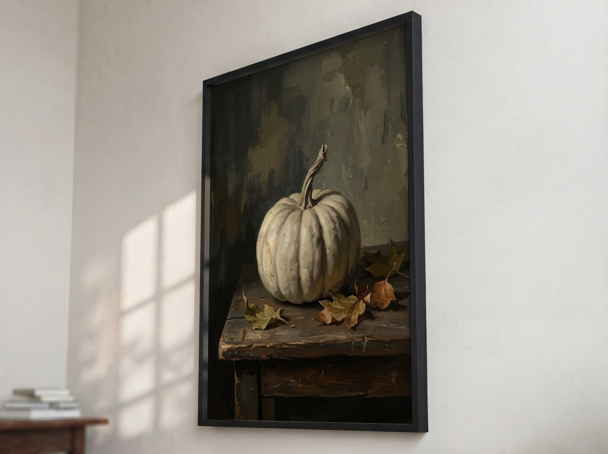 Poster featuring a white pumpkin on a wooden table with dried autumn leaves nearby