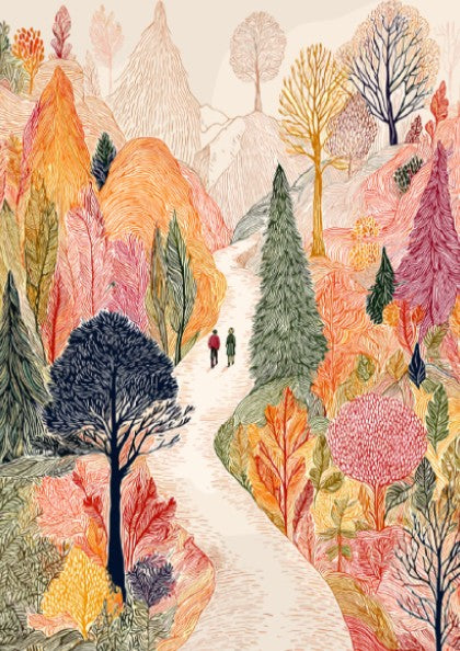 Poster of an autumn forest path with colorful trees and two people walking.