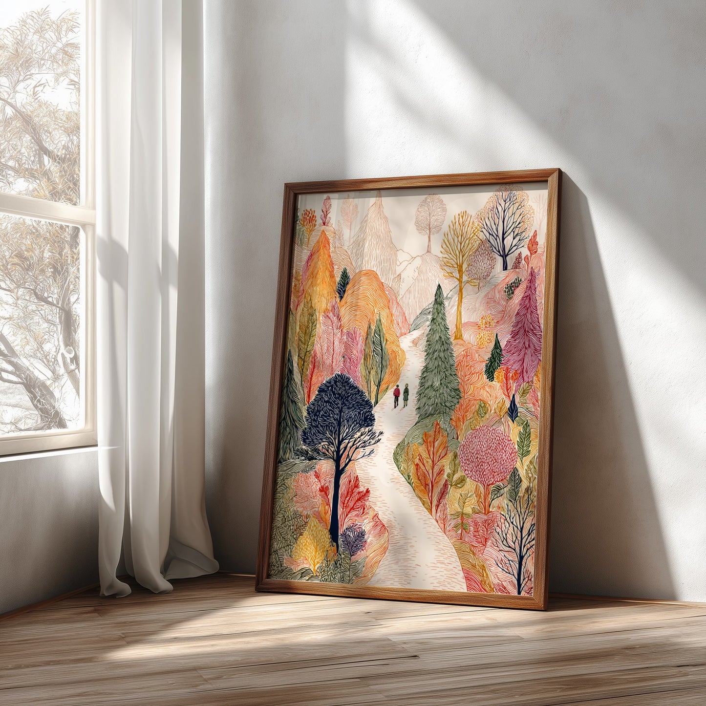 Poster of an autumn forest path with colorful trees and two people walking.