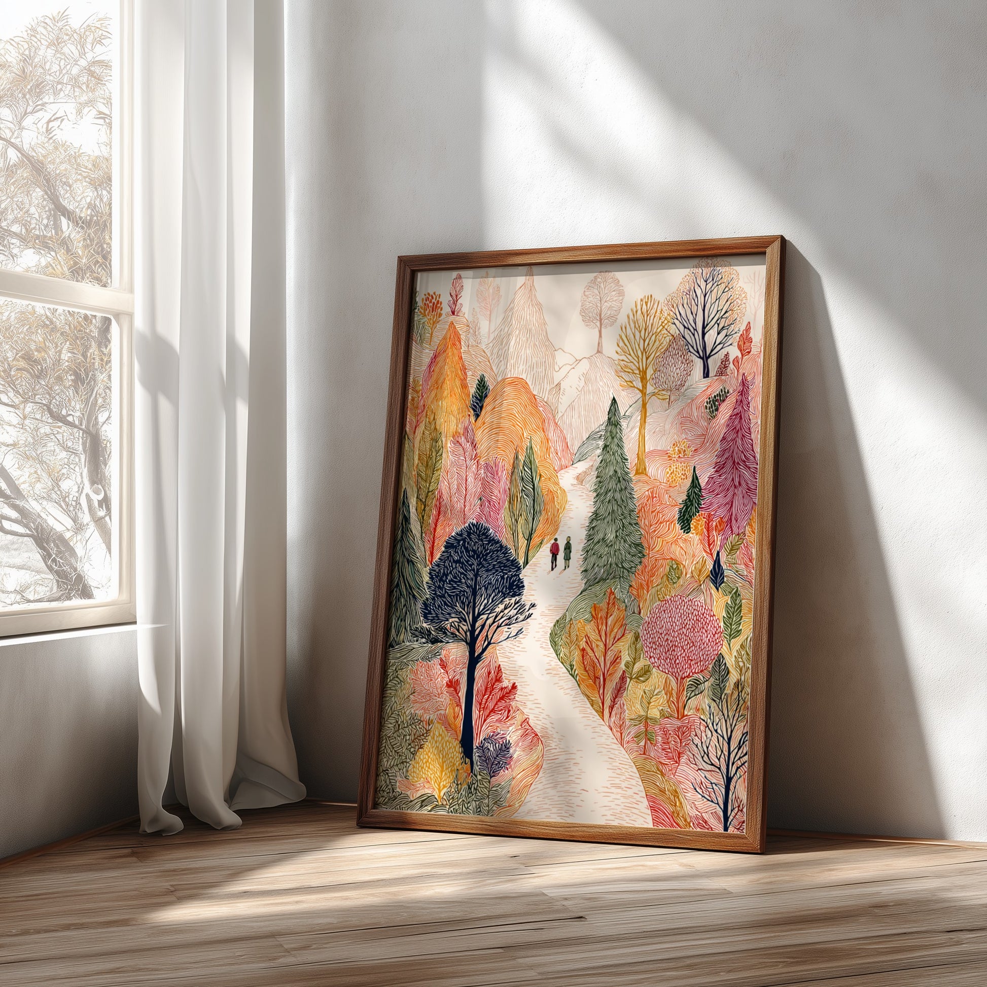 Poster of an autumn forest path with colorful trees and two people walking.