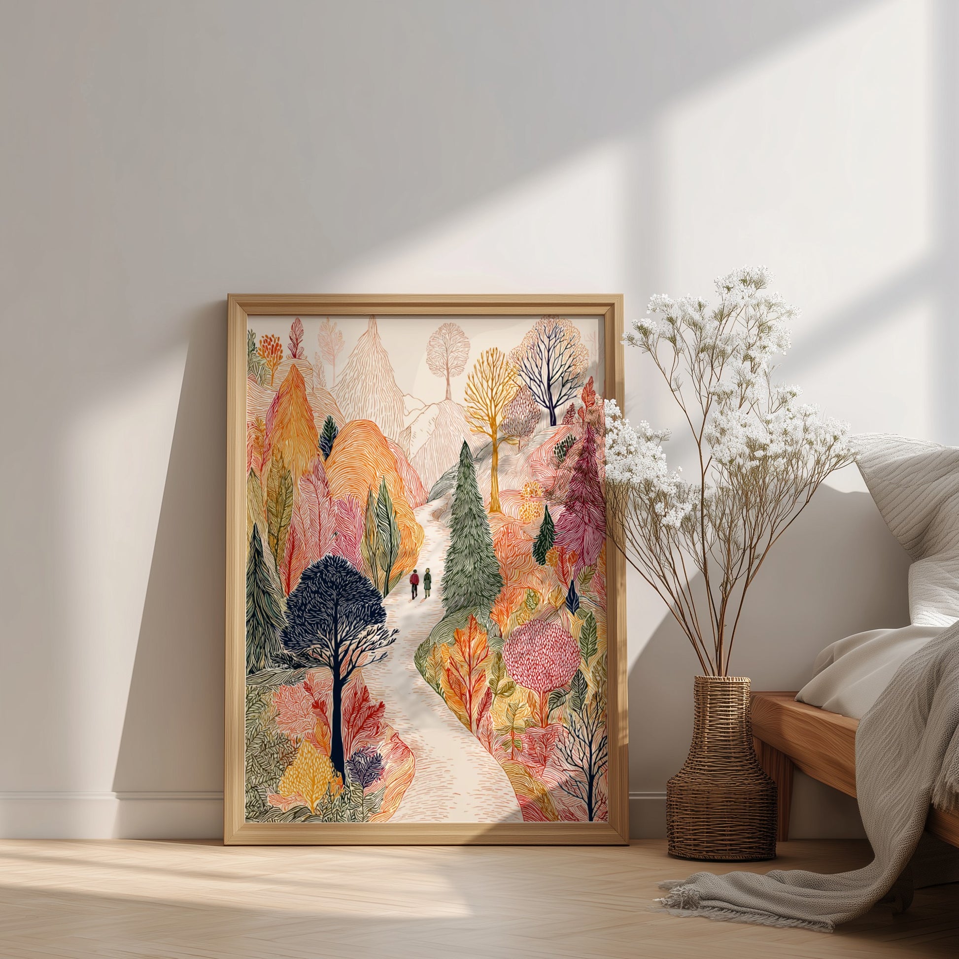 Poster of an autumn forest path with colorful trees and two people walking.