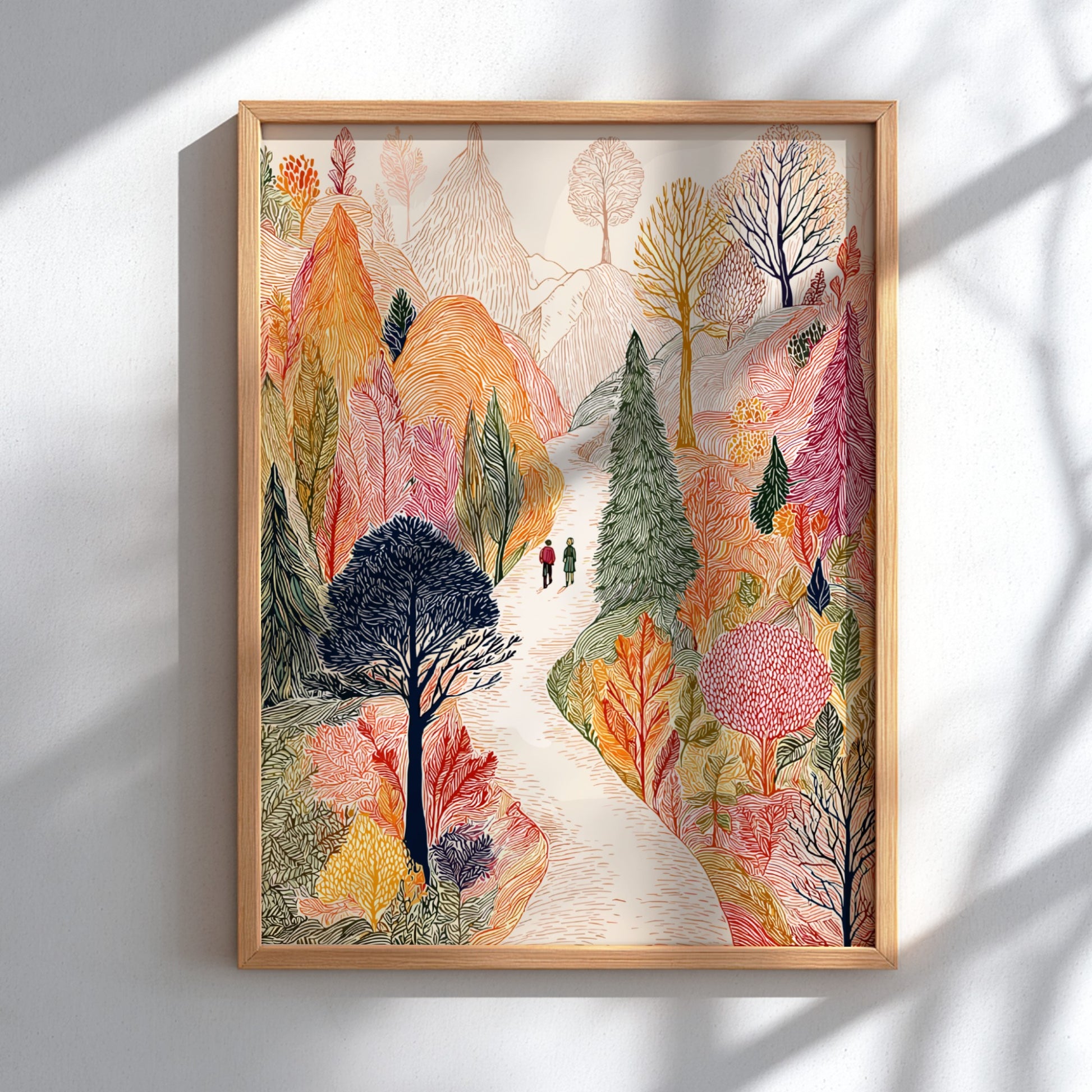 Poster of an autumn forest path with colorful trees and two people walking.