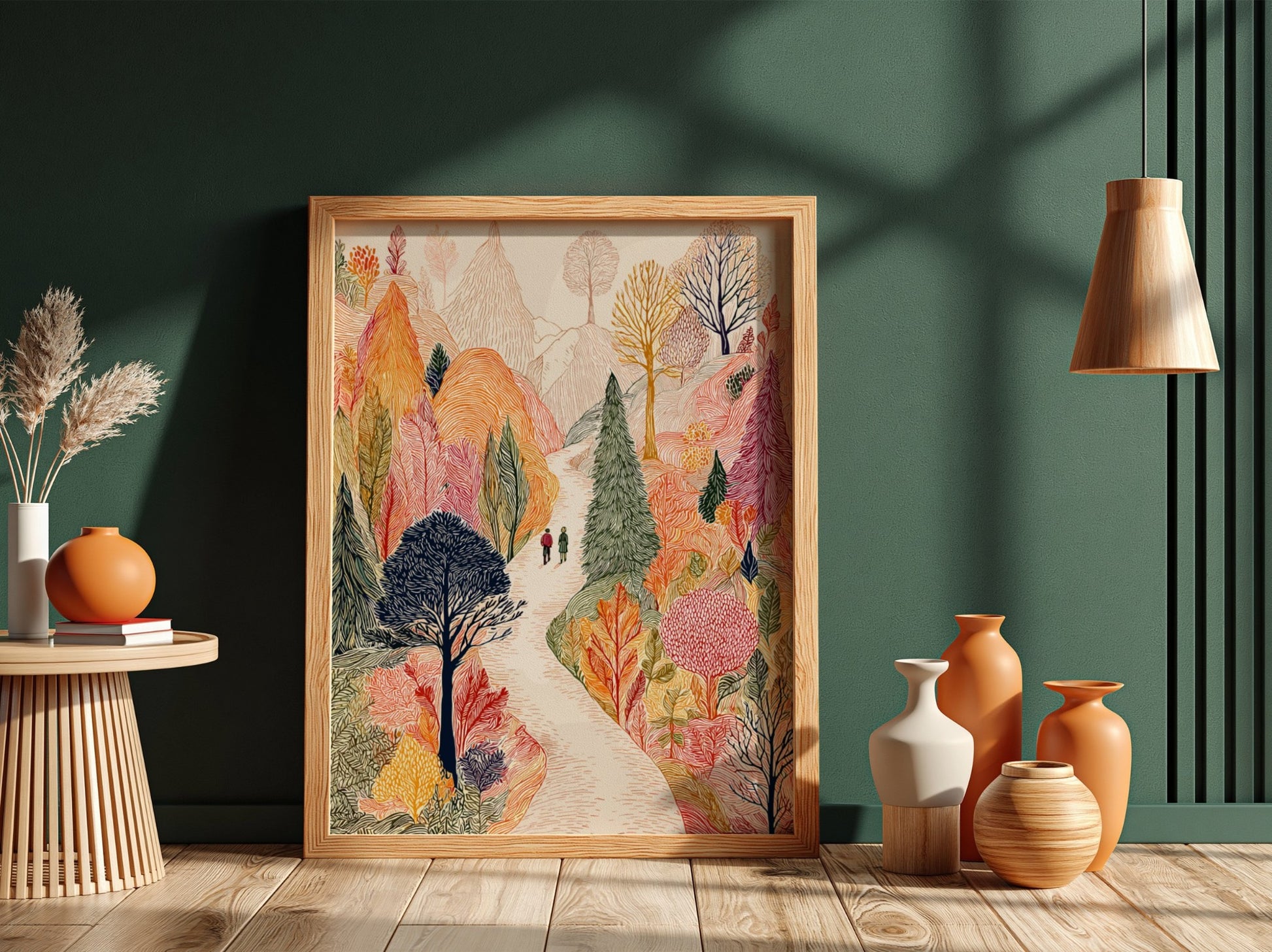 Poster of an autumn forest path with colorful trees and two people walking.
