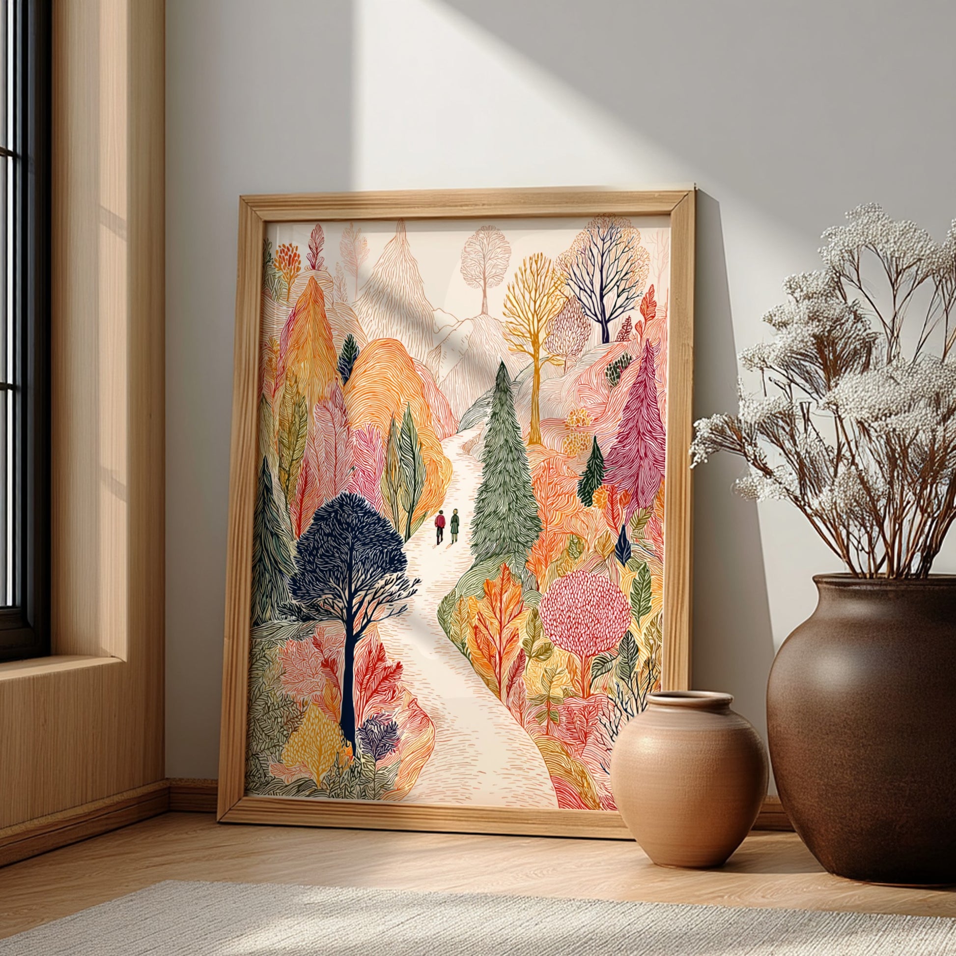 Poster of an autumn forest path with colorful trees and two people walking.