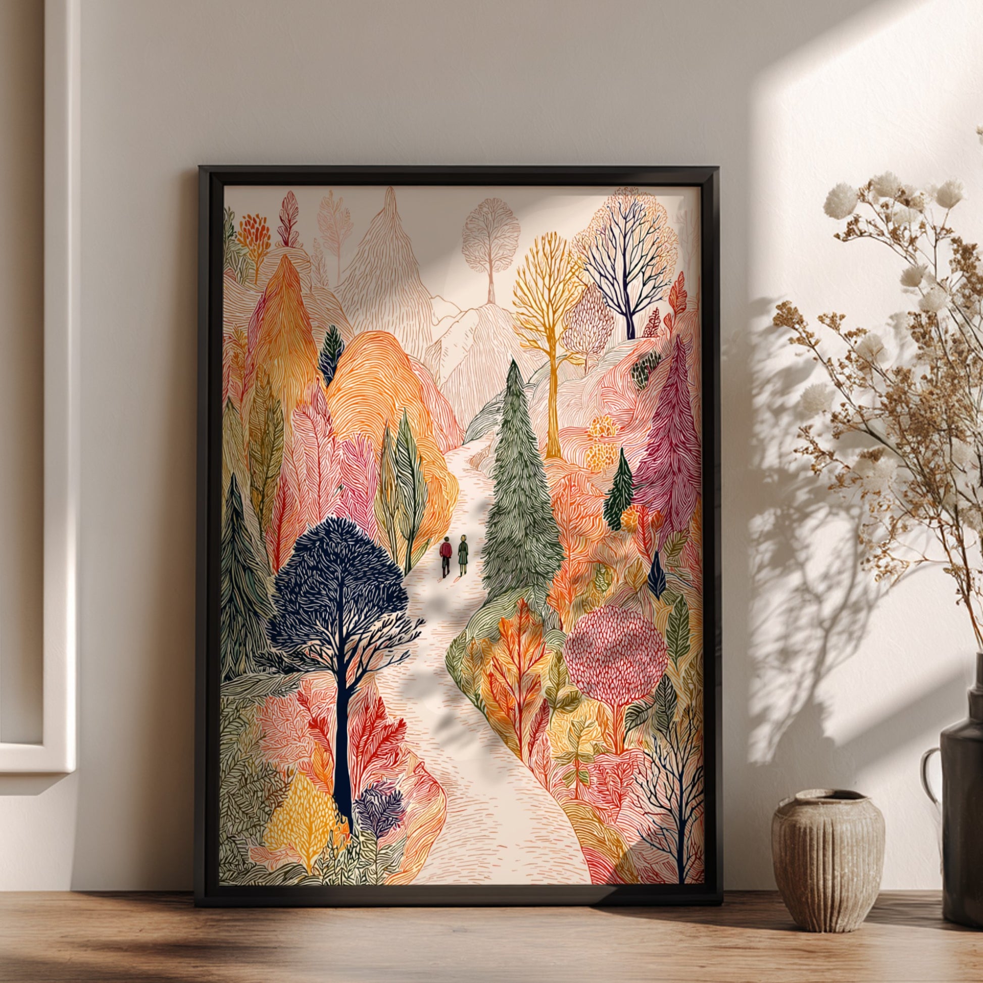 Poster of an autumn forest path with colorful trees and two people walking.