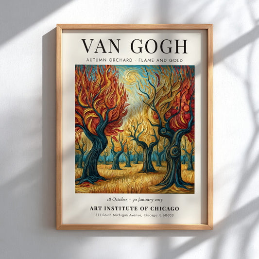 Autumn orchard poster with vibrant orange and gold colors inspired by Van Gogh's style