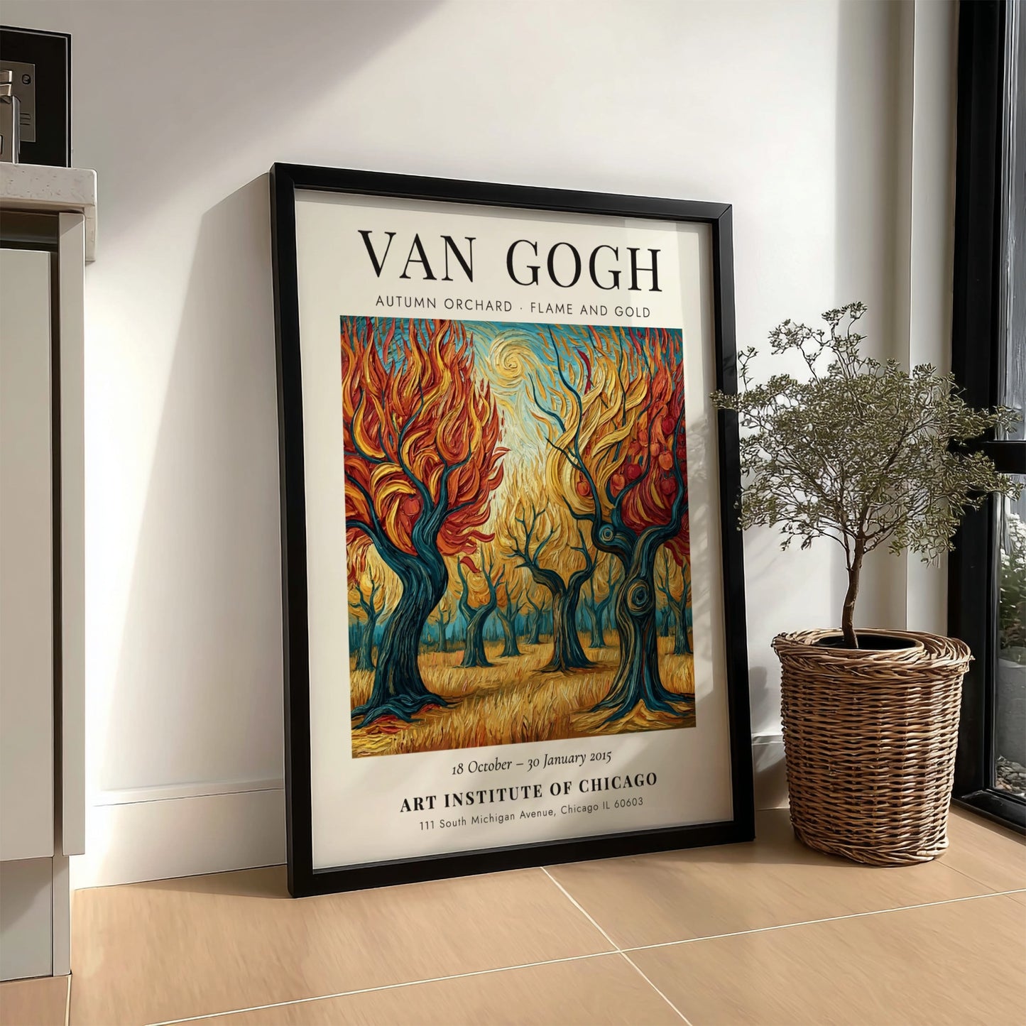 Autumn orchard poster with vibrant orange and gold colors inspired by Van Gogh's style