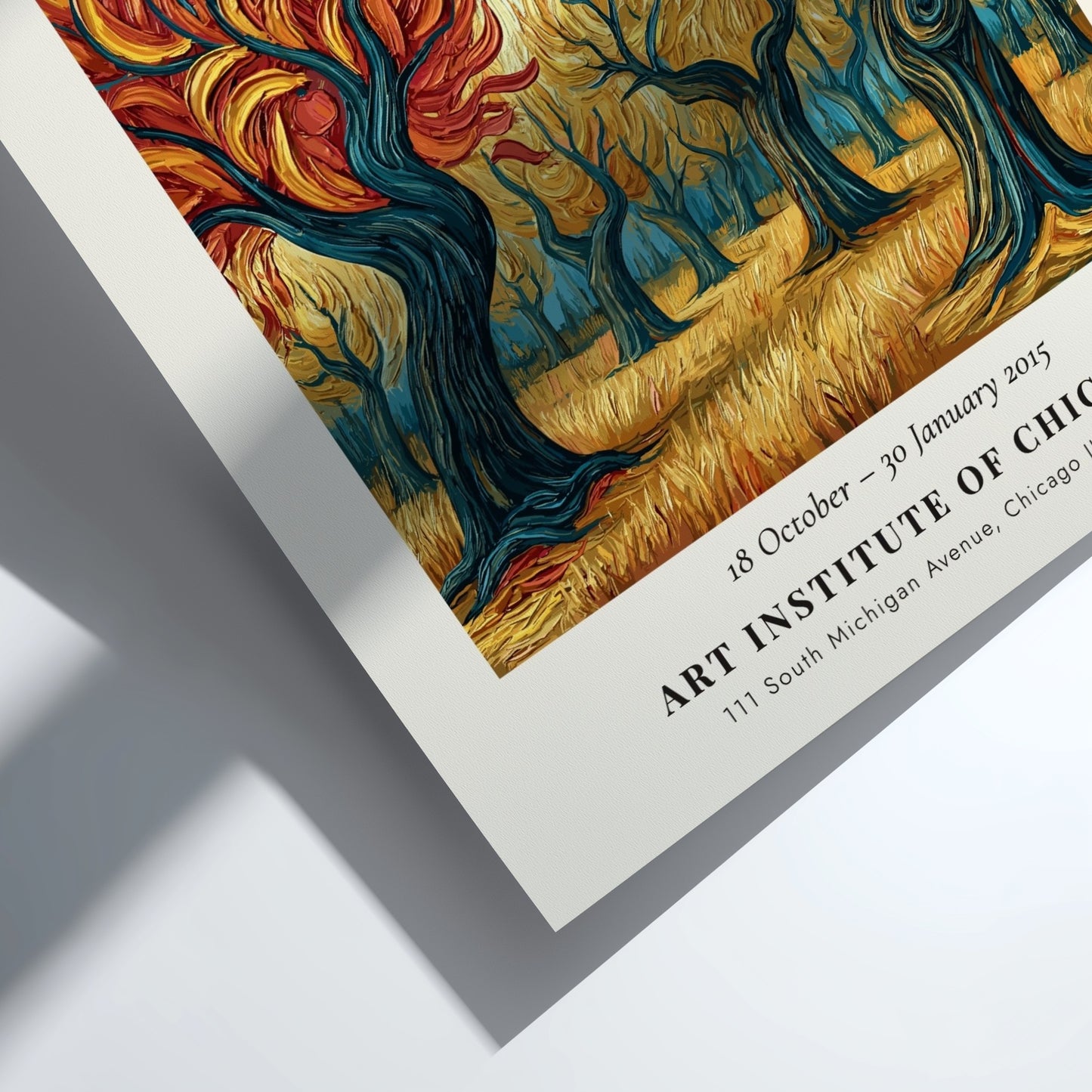 Autumn orchard poster with vibrant orange and gold colors inspired by Van Gogh's style