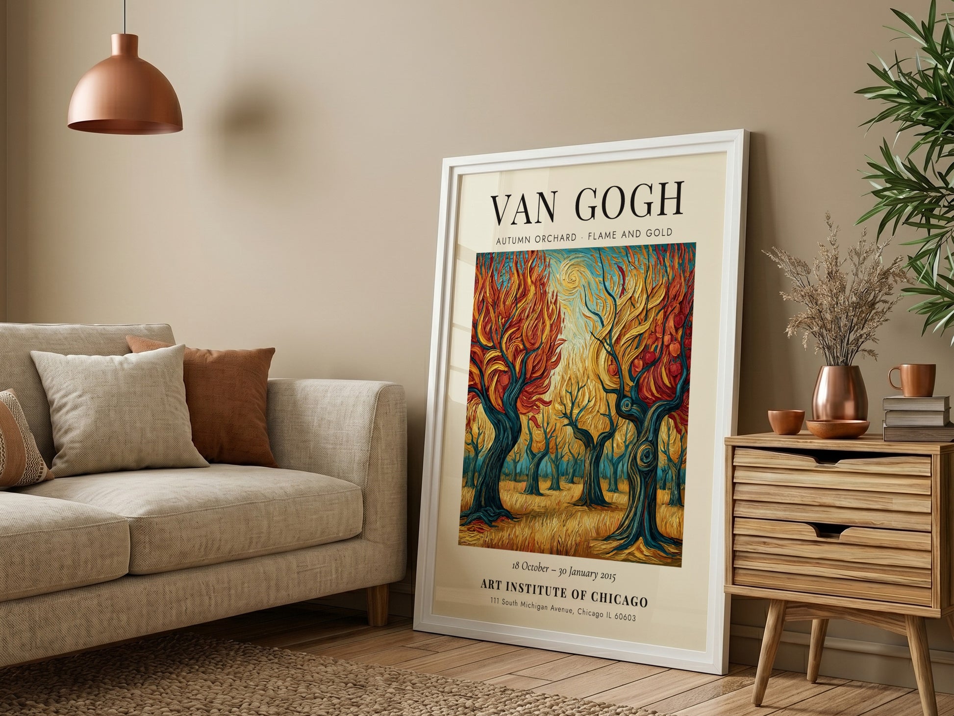 Autumn orchard poster with vibrant orange and gold colors inspired by Van Gogh's style