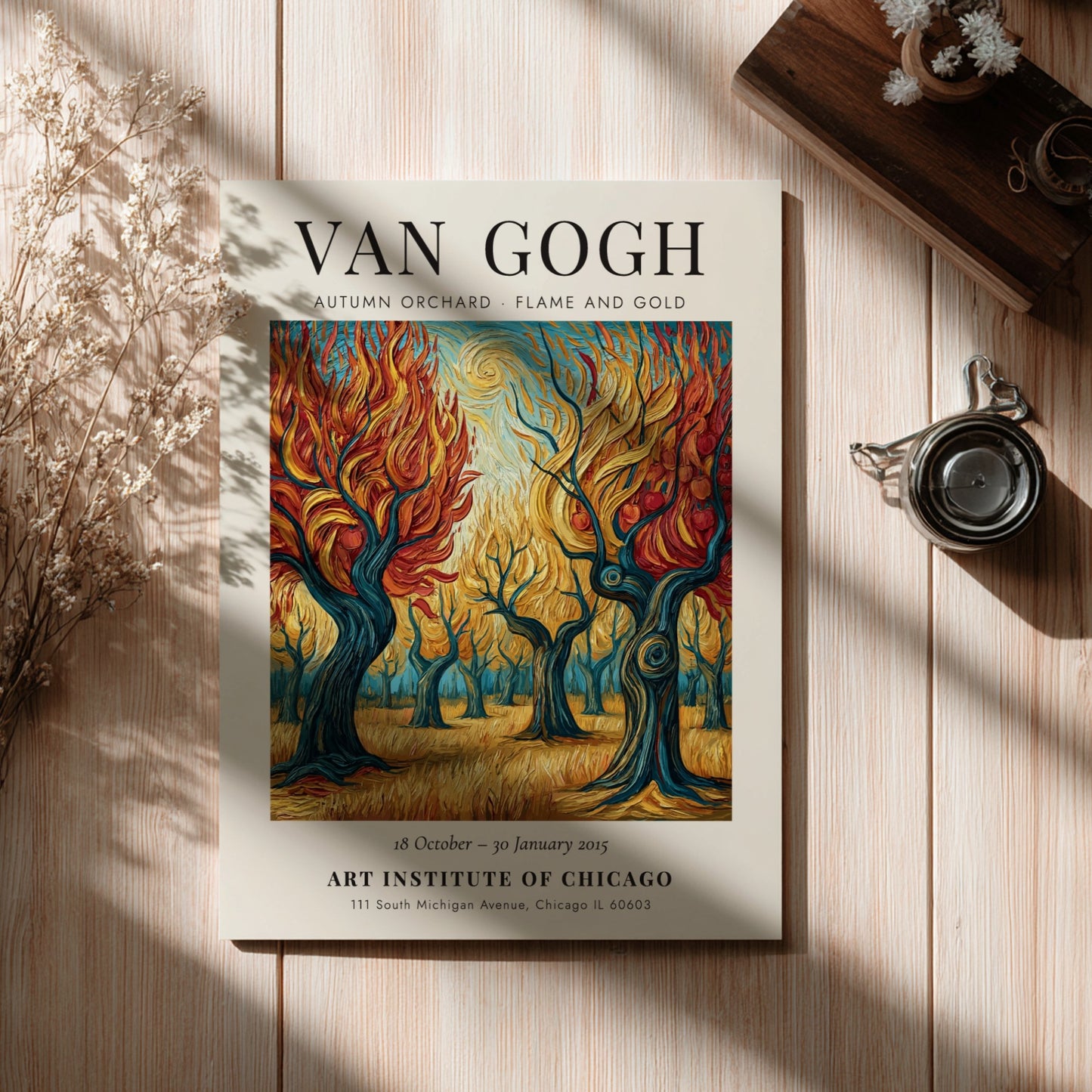 Autumn orchard poster with vibrant orange and gold colors inspired by Van Gogh's style
