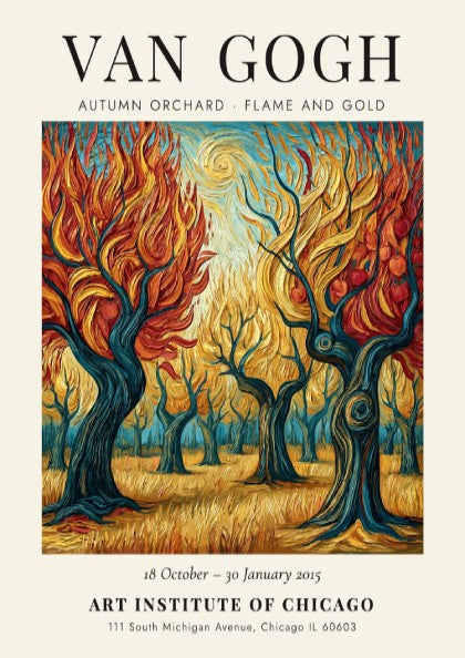 Autumn orchard poster with vibrant orange and gold colors inspired by Van Gogh's style