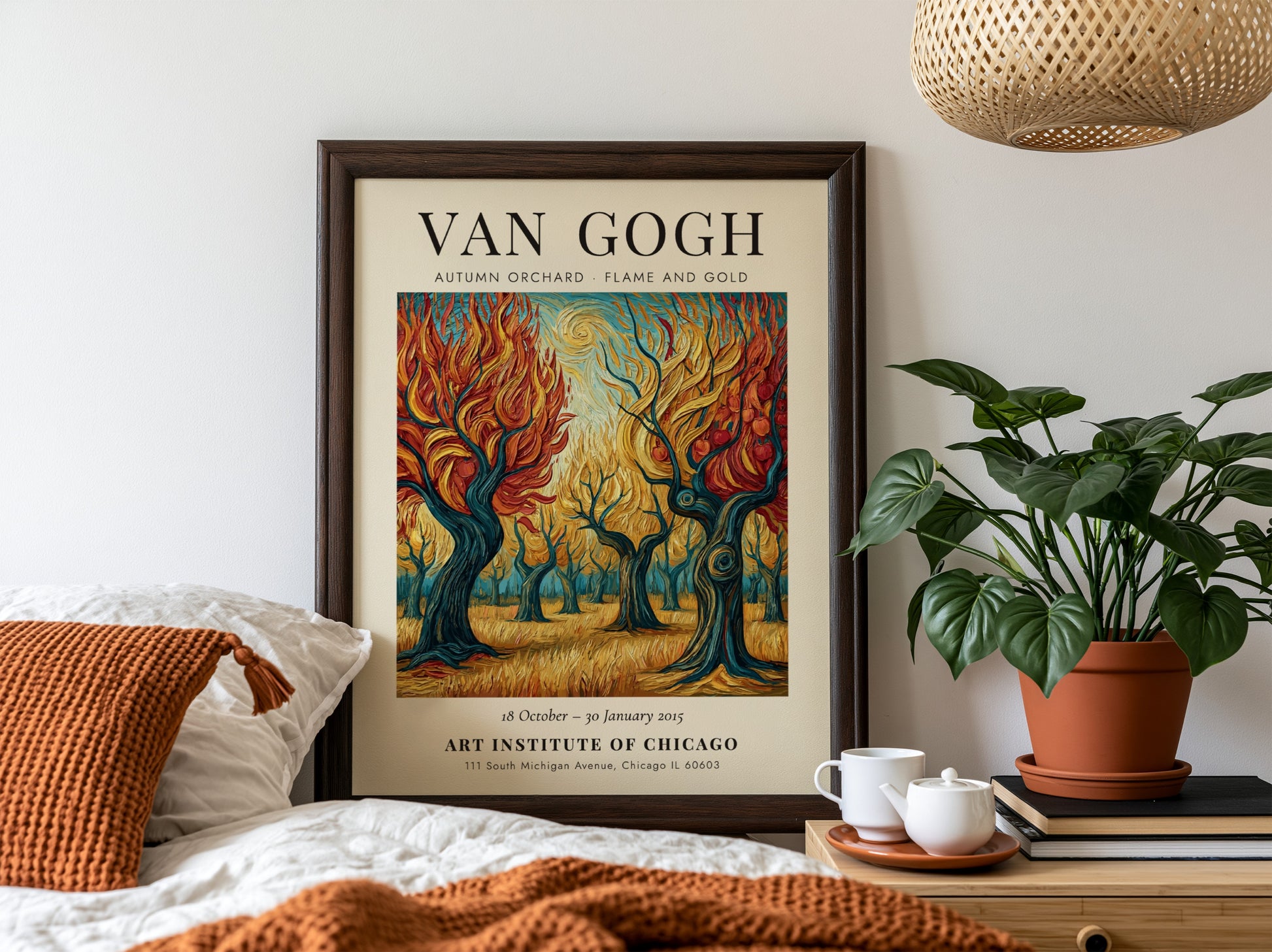 Autumn orchard poster with vibrant orange and gold colors inspired by Van Gogh's style