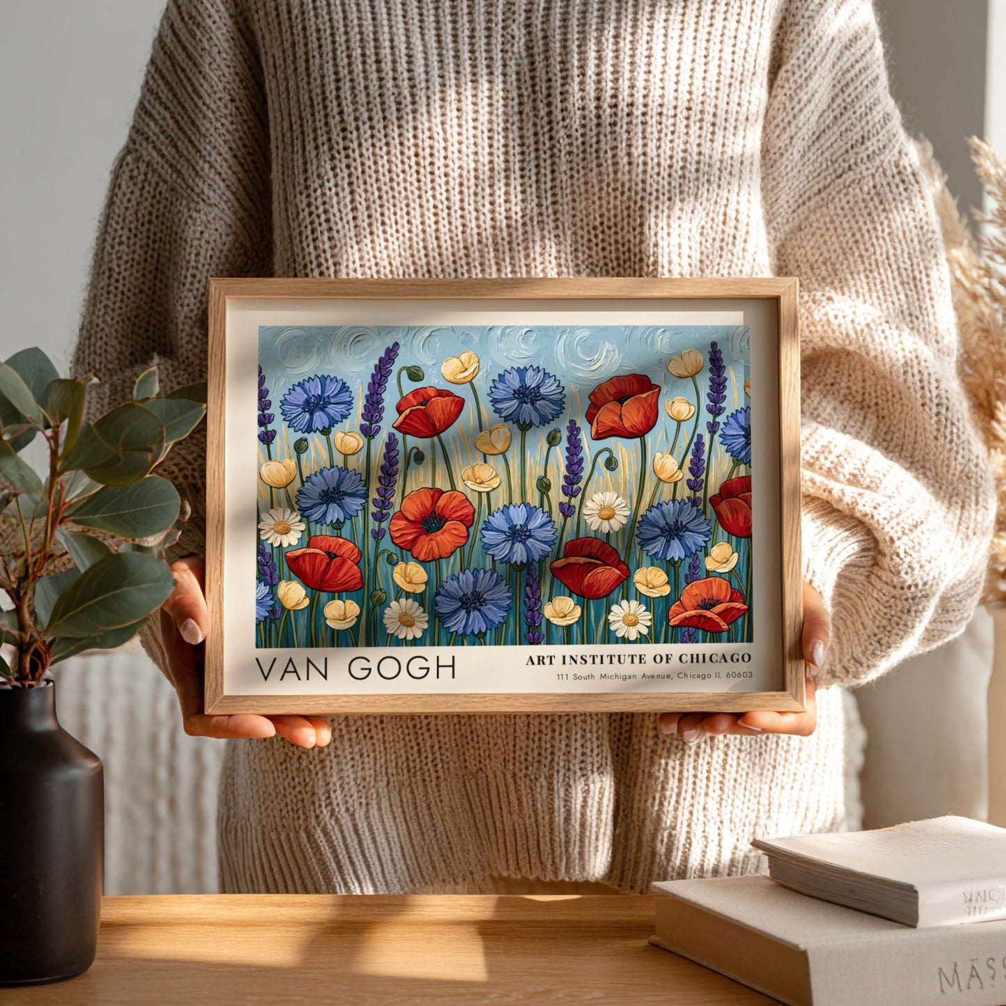 Wall art print featuring vibrant wildflowers in red, blue, and yellow by Van Gogh