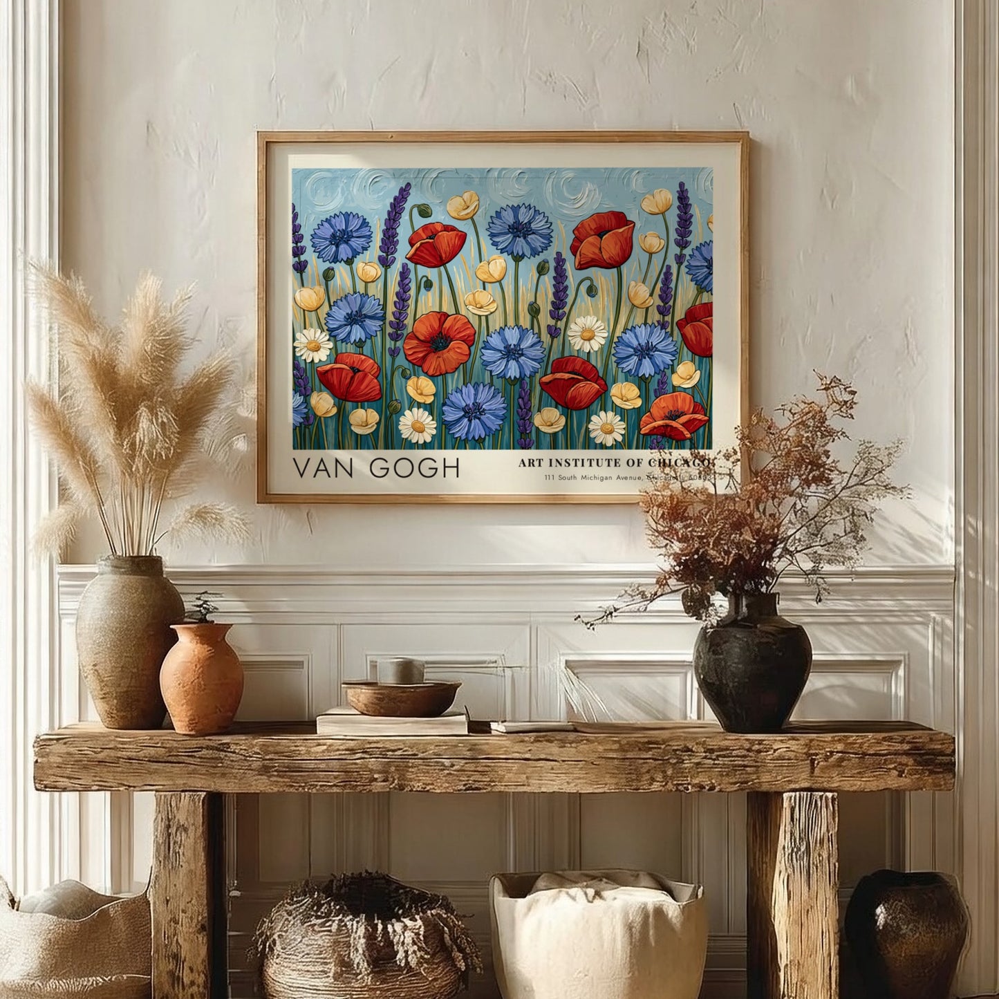 Wall art print featuring vibrant wildflowers in red, blue, and yellow by Van Gogh