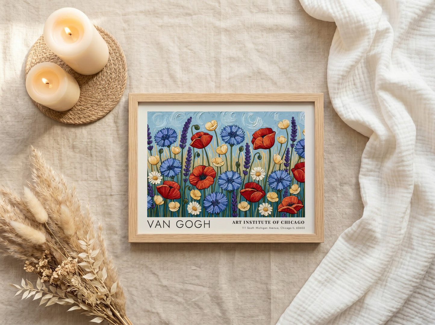 Wall art print featuring vibrant wildflowers in red, blue, and yellow by Van Gogh