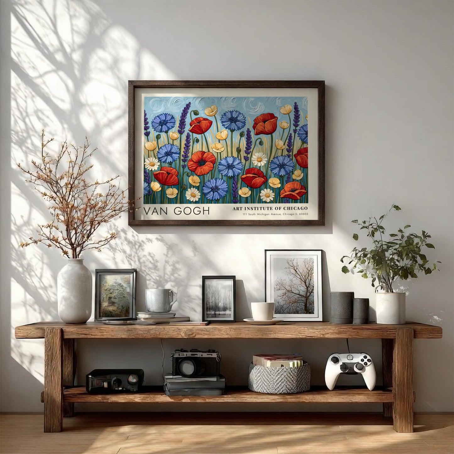 Wall art print featuring vibrant wildflowers in red, blue, and yellow by Van Gogh