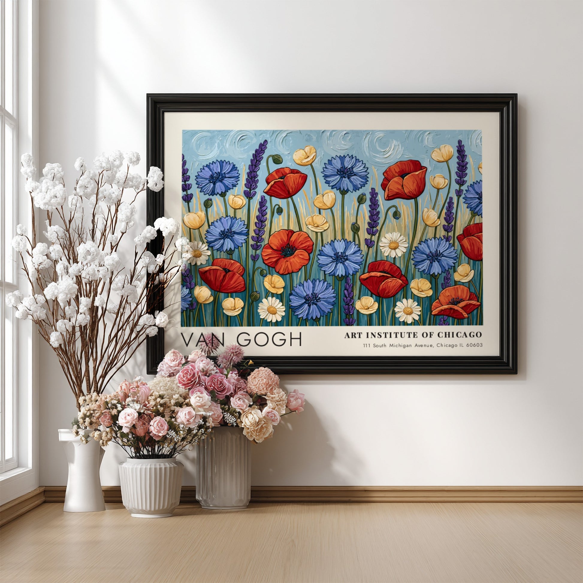 Wall art print featuring vibrant wildflowers in red, blue, and yellow by Van Gogh