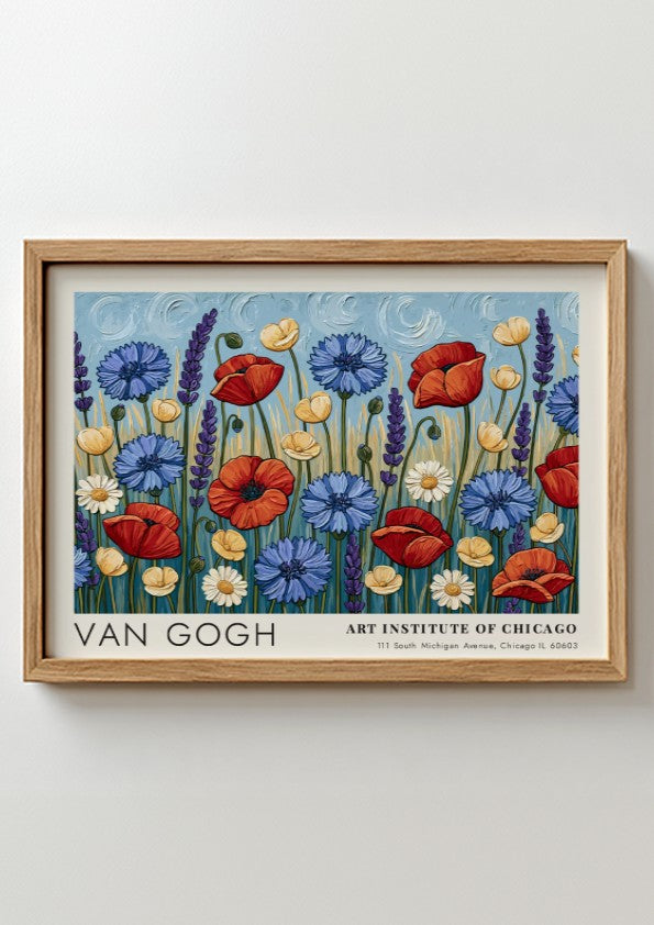 Wall art print featuring vibrant wildflowers in red, blue, and yellow by Van Gogh
