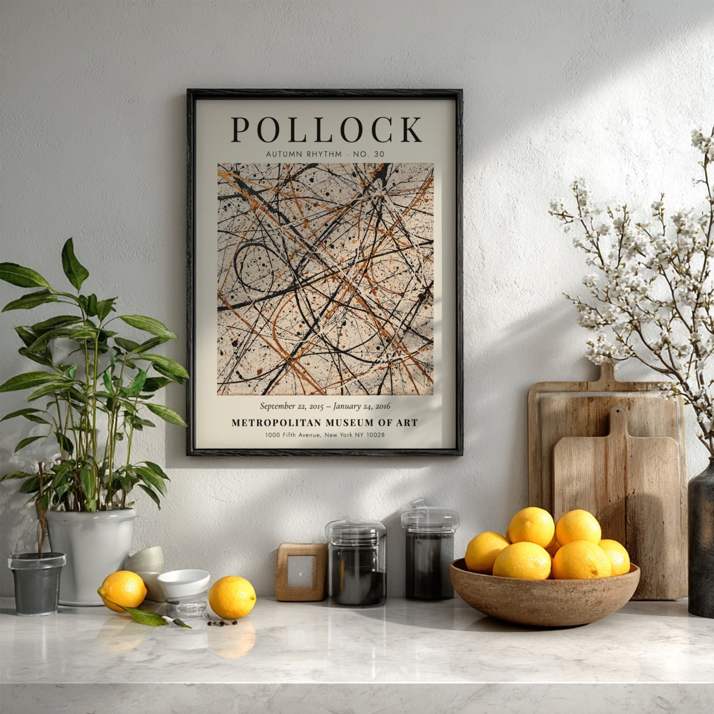 Wall art poster featuring Jackson Pollock Autumn Rhythm No. 30 abstract black gold lines.