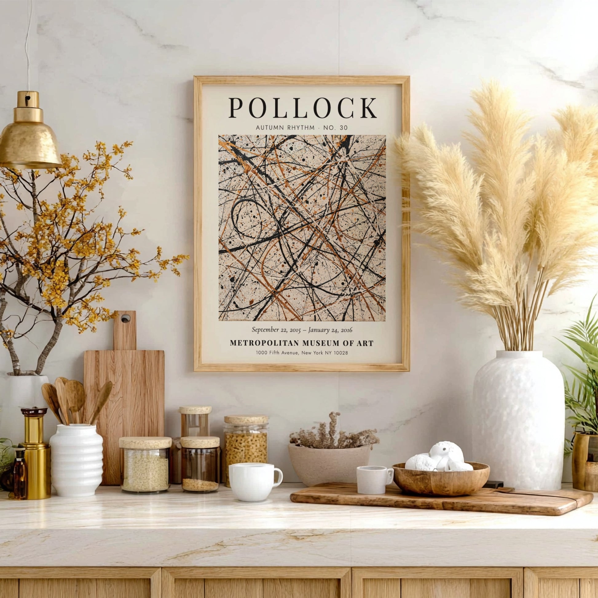 Wall art poster featuring Jackson Pollock Autumn Rhythm No. 30 abstract black gold lines.