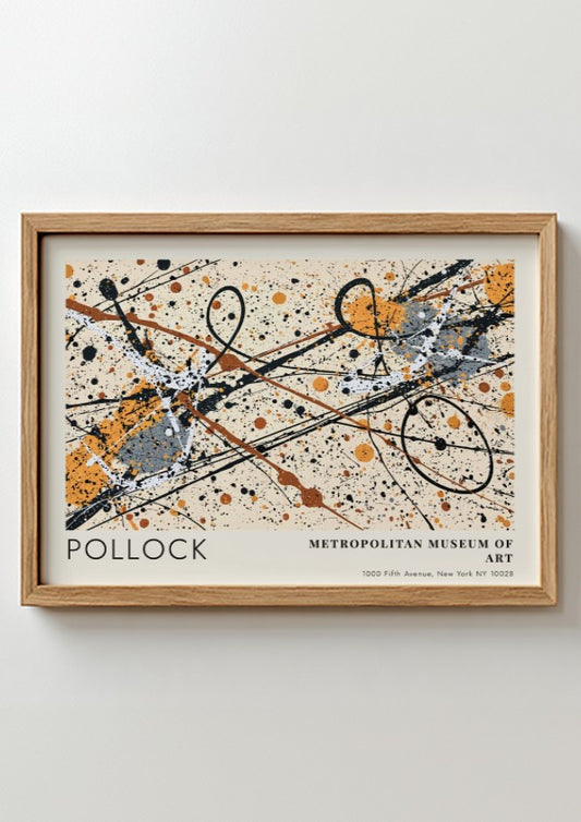 Wall art poster featuring Jackson Pollock Autumn Rhythm abstract splatters in a wood frame.
