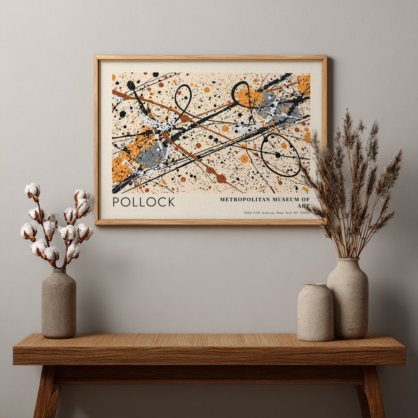 Wall art poster featuring Jackson Pollock Autumn Rhythm abstract splatters in a wood frame.