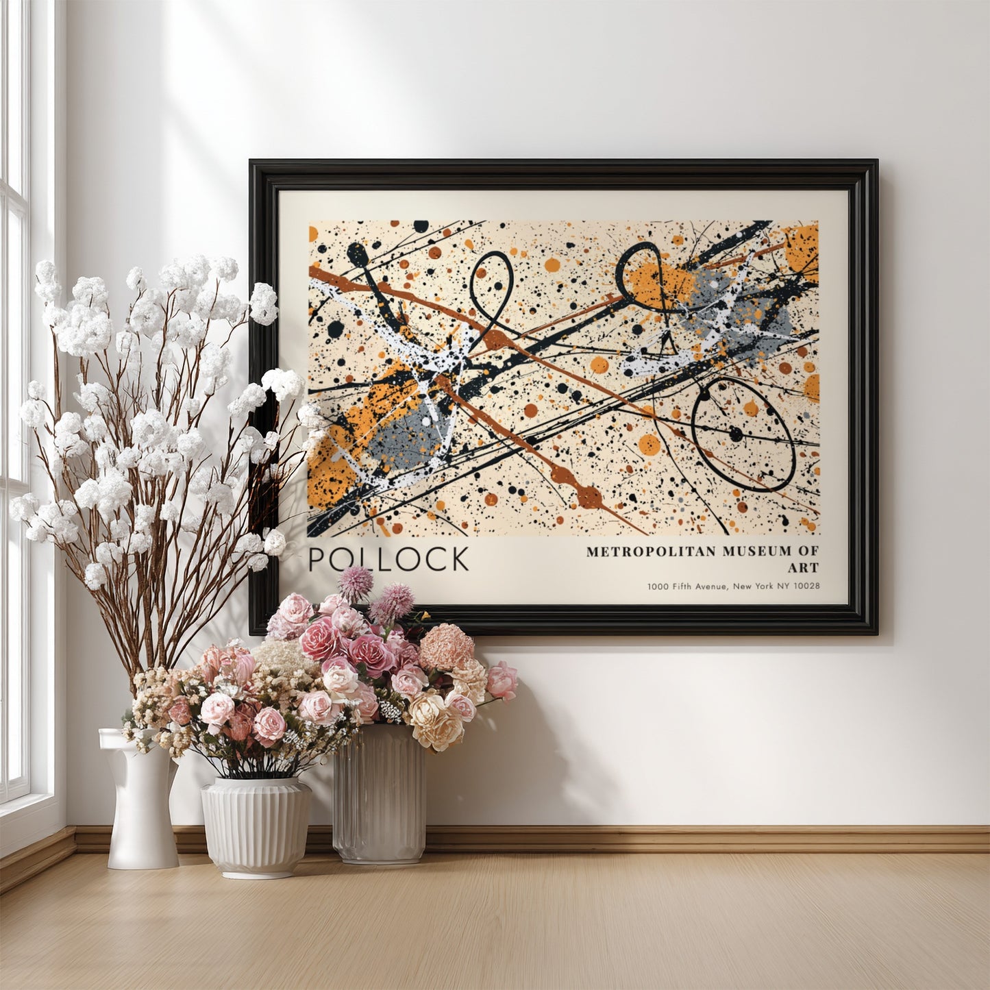 Wall art poster featuring Jackson Pollock Autumn Rhythm abstract splatters in a wood frame.