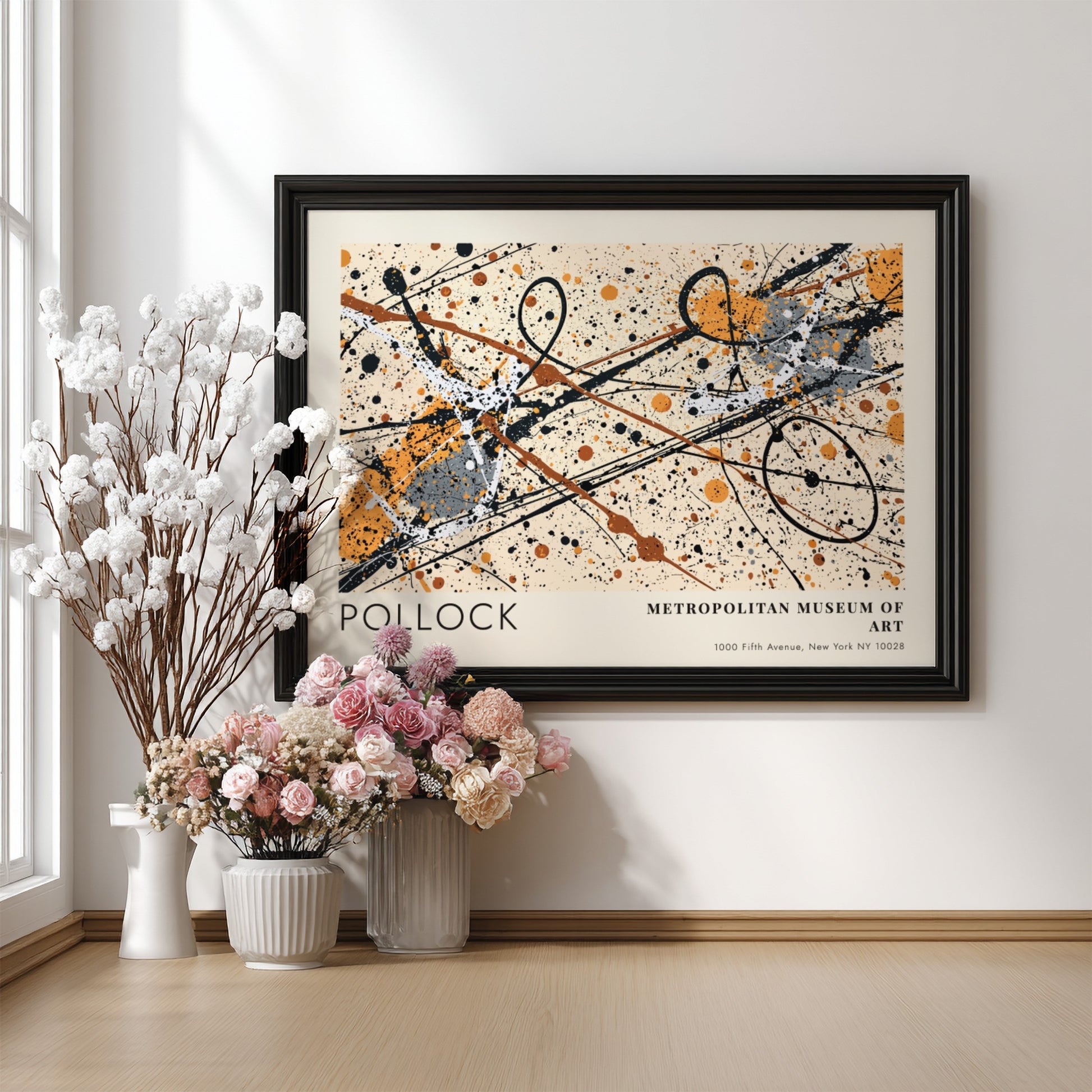 Wall art poster featuring Jackson Pollock Autumn Rhythm abstract splatters in a wood frame.
