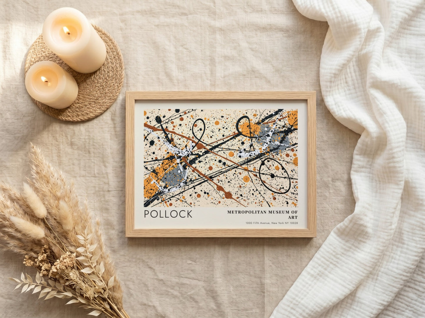 Wall art poster featuring Jackson Pollock Autumn Rhythm abstract splatters in a wood frame.