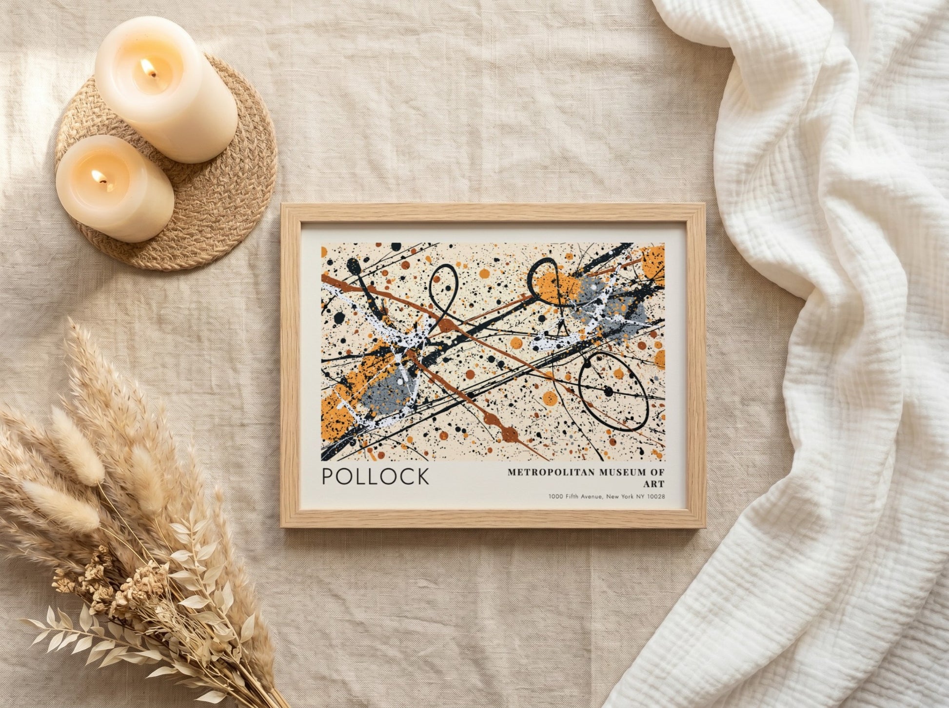 Wall art poster featuring Jackson Pollock Autumn Rhythm abstract splatters in a wood frame.