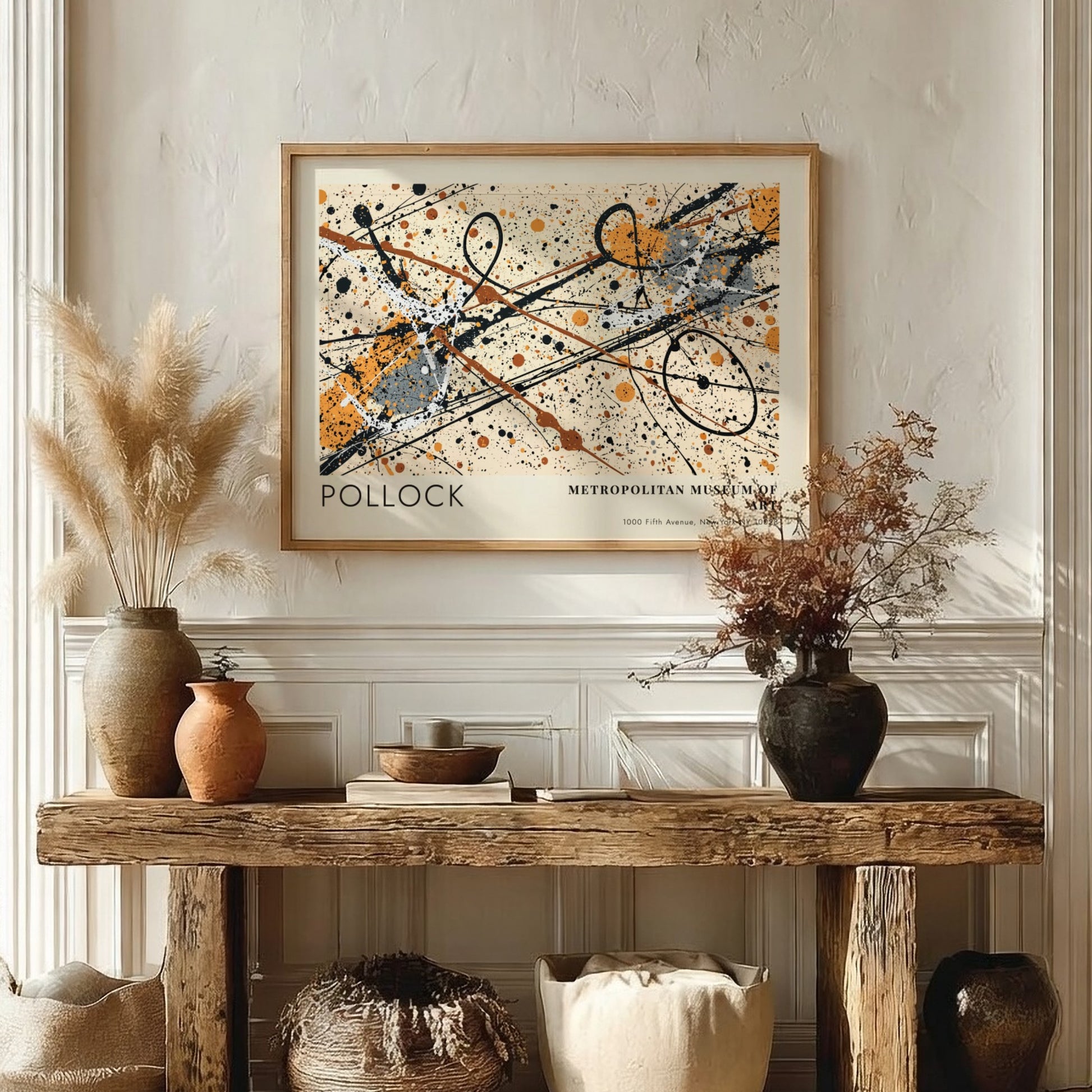 Wall art poster featuring Jackson Pollock Autumn Rhythm abstract splatters in a wood frame.