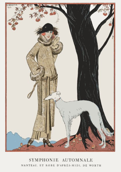 Art Nouveau poster of "Autumn Symphony" by George Barbier, featuring a woman and dog in vintage fashion.