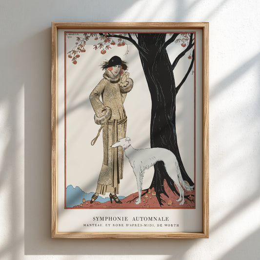 Art Nouveau poster of "Autumn Symphony" by George Barbier, featuring a woman and dog in vintage fashion.