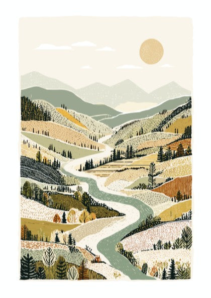 Autumn valley landscape print with winding river, rolling hills, and warm earth tones.
