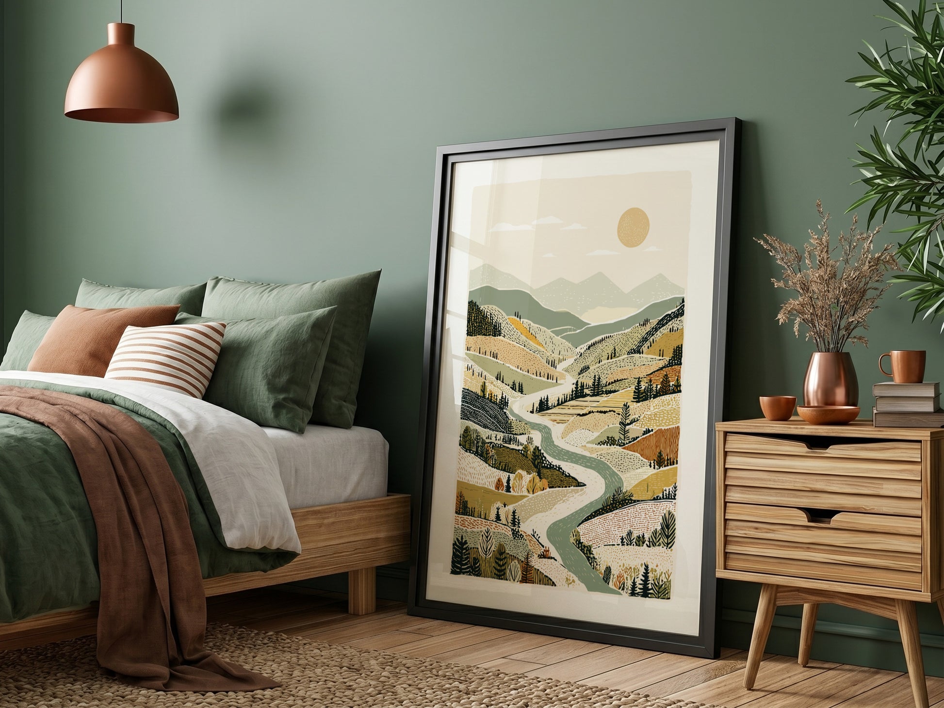 Autumn valley landscape print with winding river, rolling hills, and warm earth tones.