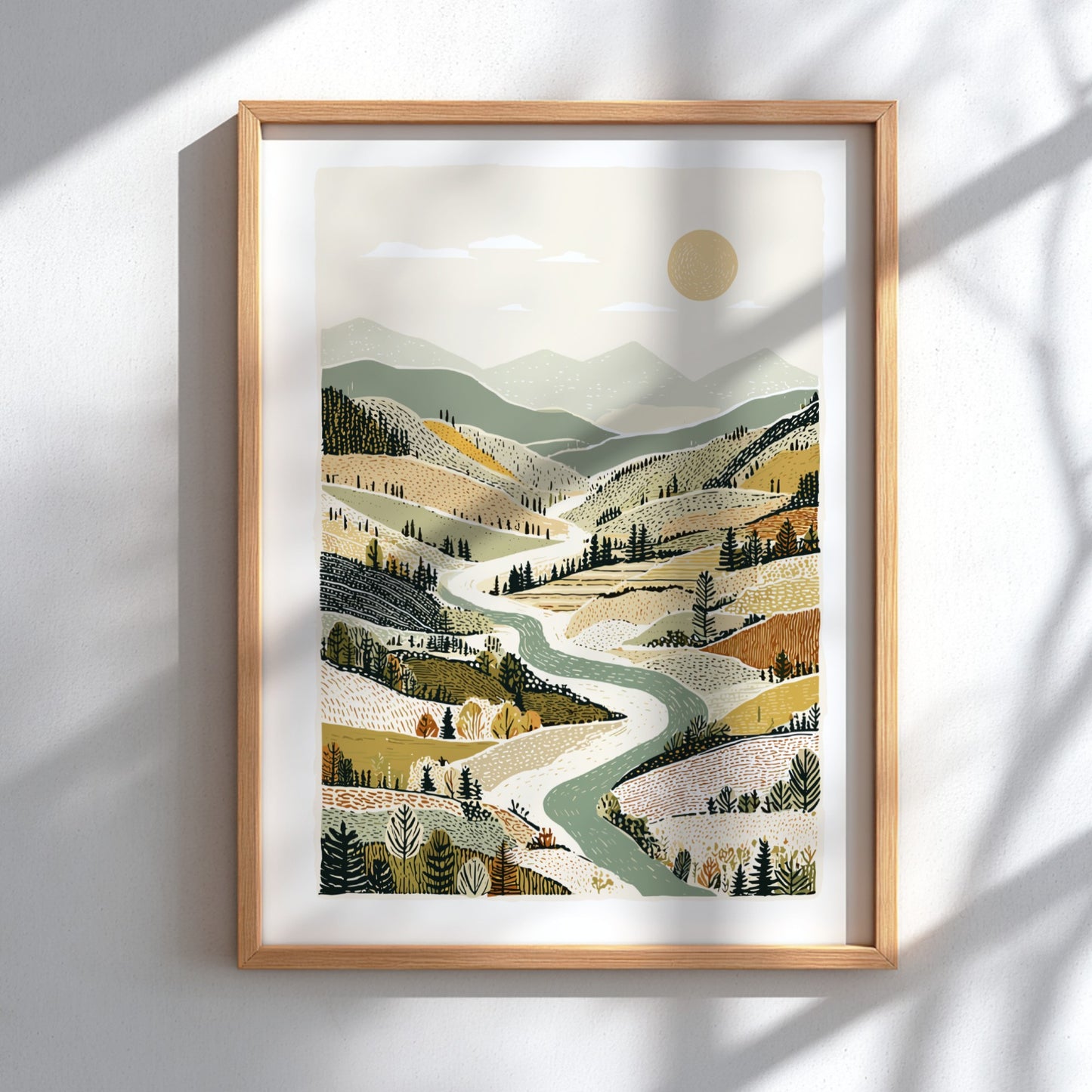 Autumn valley landscape print with winding river, rolling hills, and warm earth tones.