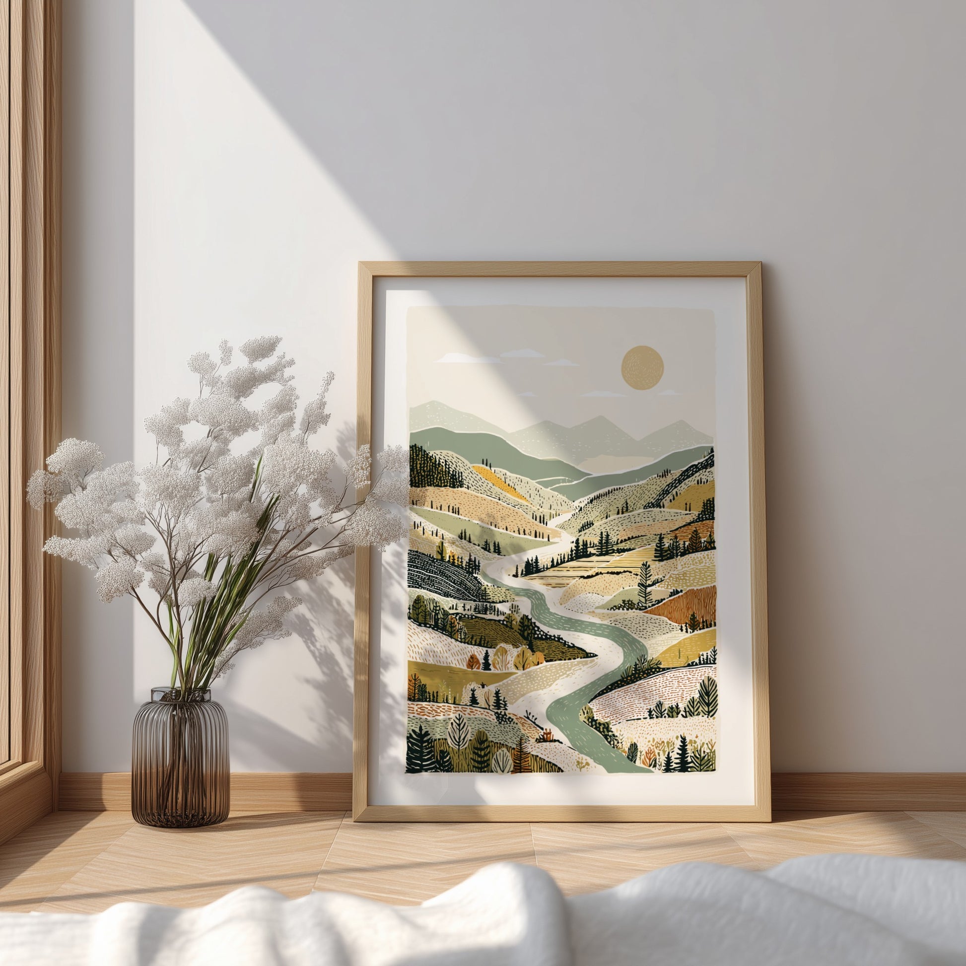 Autumn valley landscape print with winding river, rolling hills, and warm earth tones.