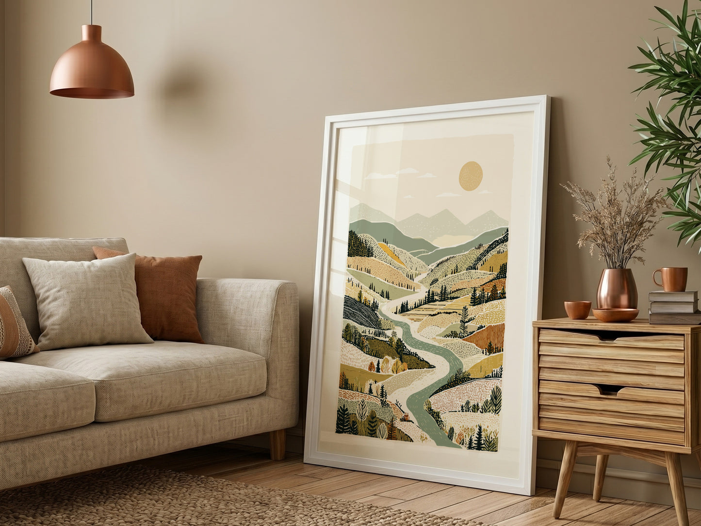 Autumn valley landscape print with winding river, rolling hills, and warm earth tones.