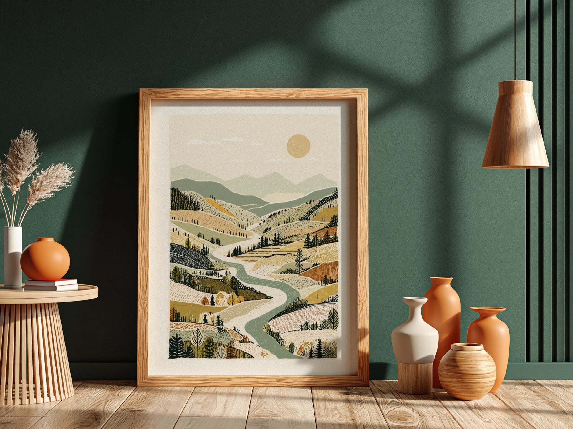 Autumn valley landscape print with winding river, rolling hills, and warm earth tones.