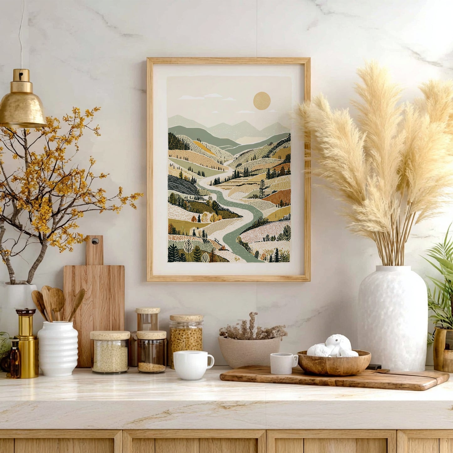 Autumn valley landscape print with winding river, rolling hills, and warm earth tones.