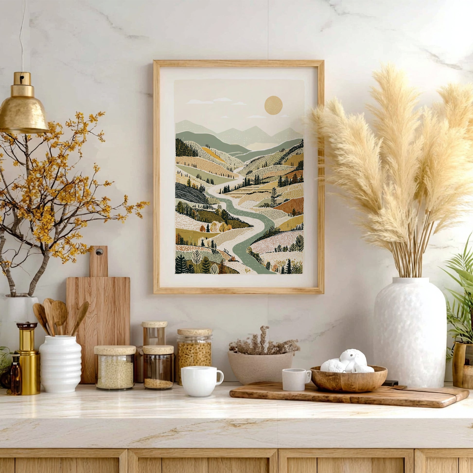 Autumn valley landscape print with winding river, rolling hills, and warm earth tones.
