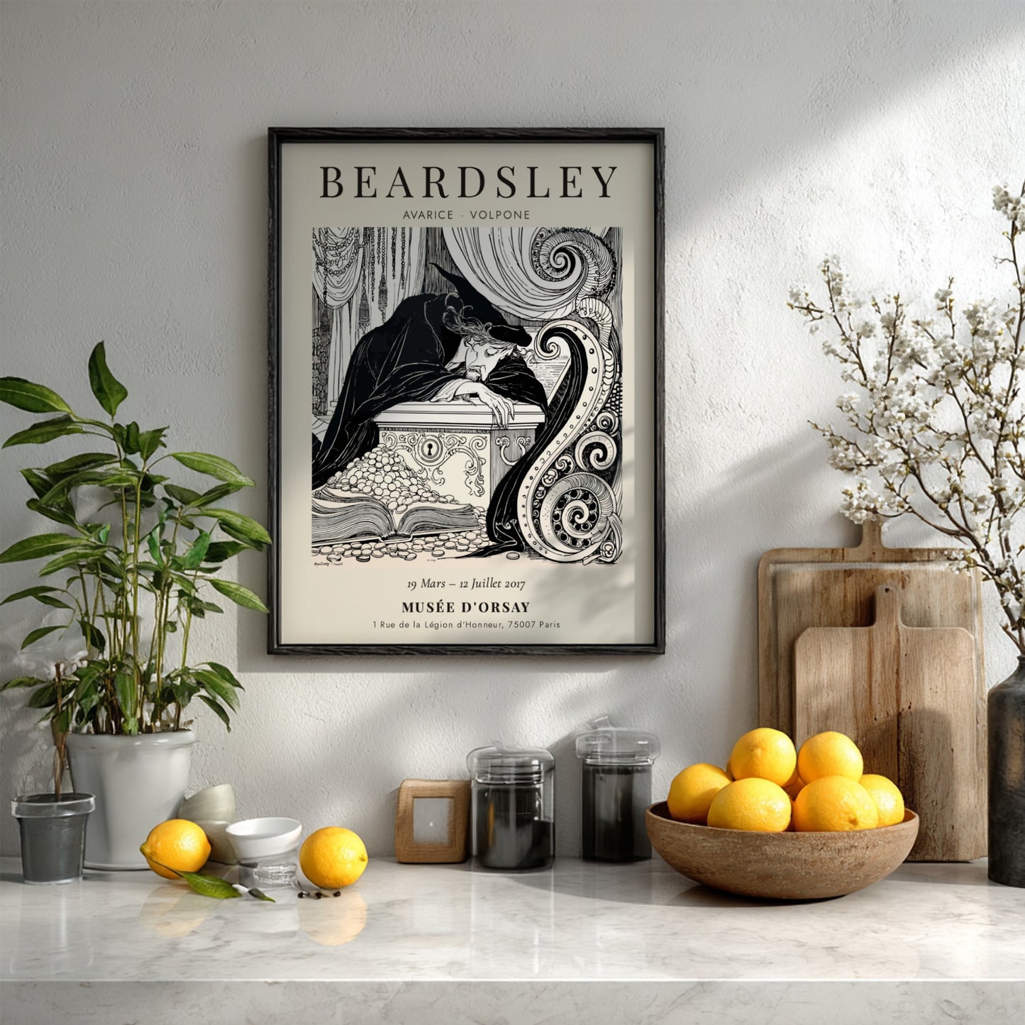 Aubrey Beardsley poster featuring Avarice from Volpone, intricate black-and-white illustration, elegant wall