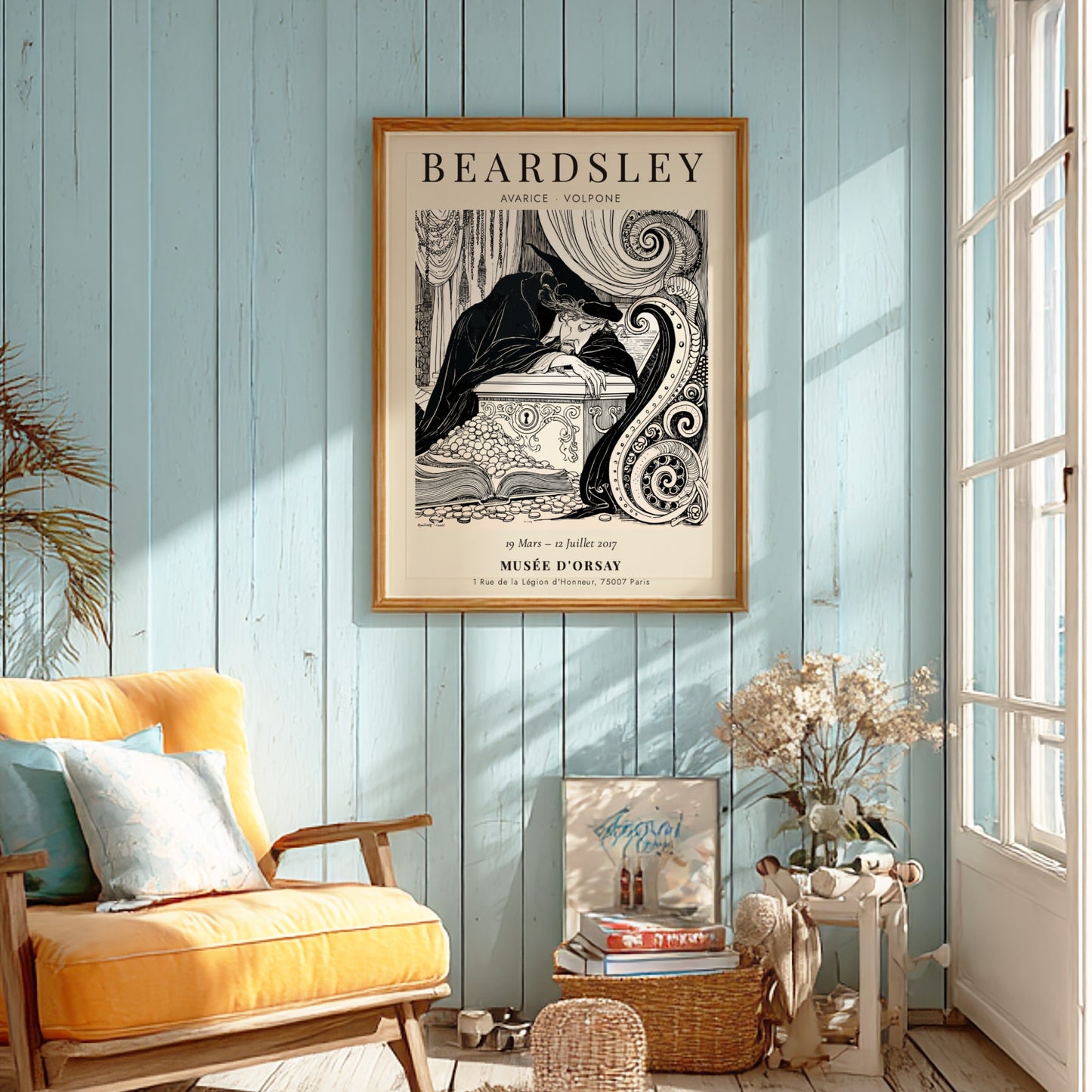 Aubrey Beardsley poster featuring Avarice from Volpone, intricate black-and-white illustration, elegant wall