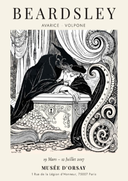 Aubrey Beardsley poster featuring Avarice from Volpone, intricate black-and-white illustration, elegant wall