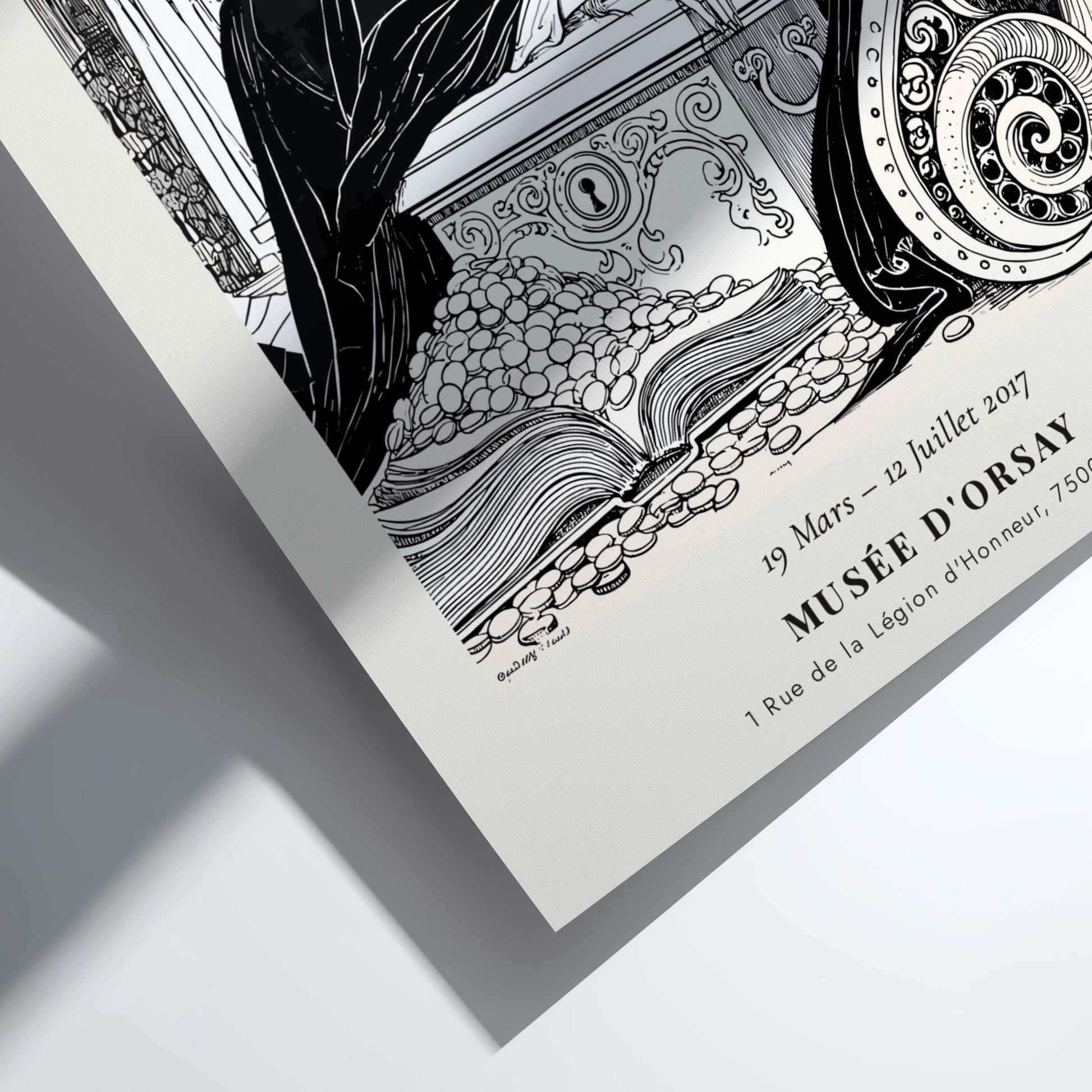 Aubrey Beardsley poster featuring Avarice from Volpone, intricate black-and-white illustration, elegant wall