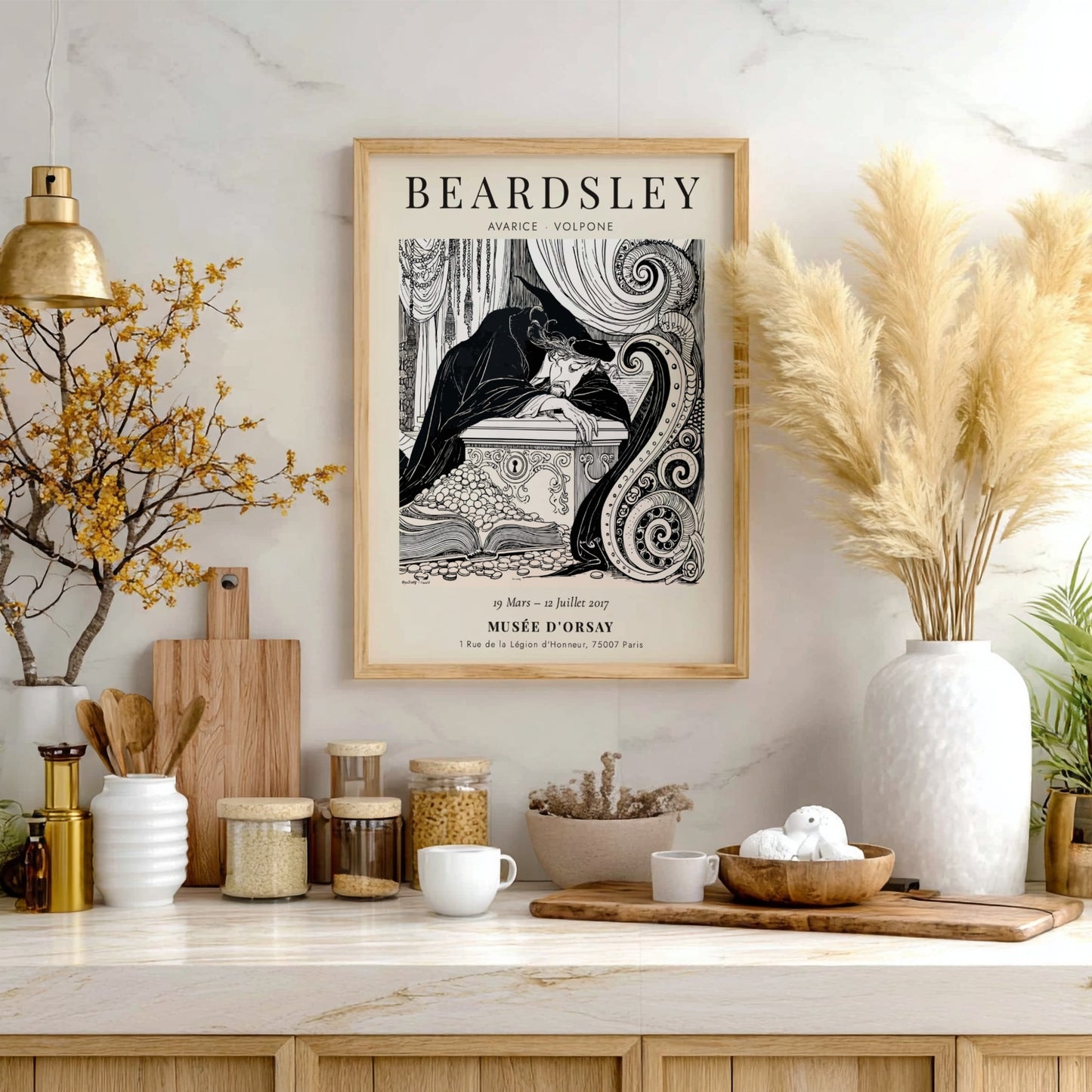 Aubrey Beardsley poster featuring Avarice from Volpone, intricate black-and-white illustration, elegant wall