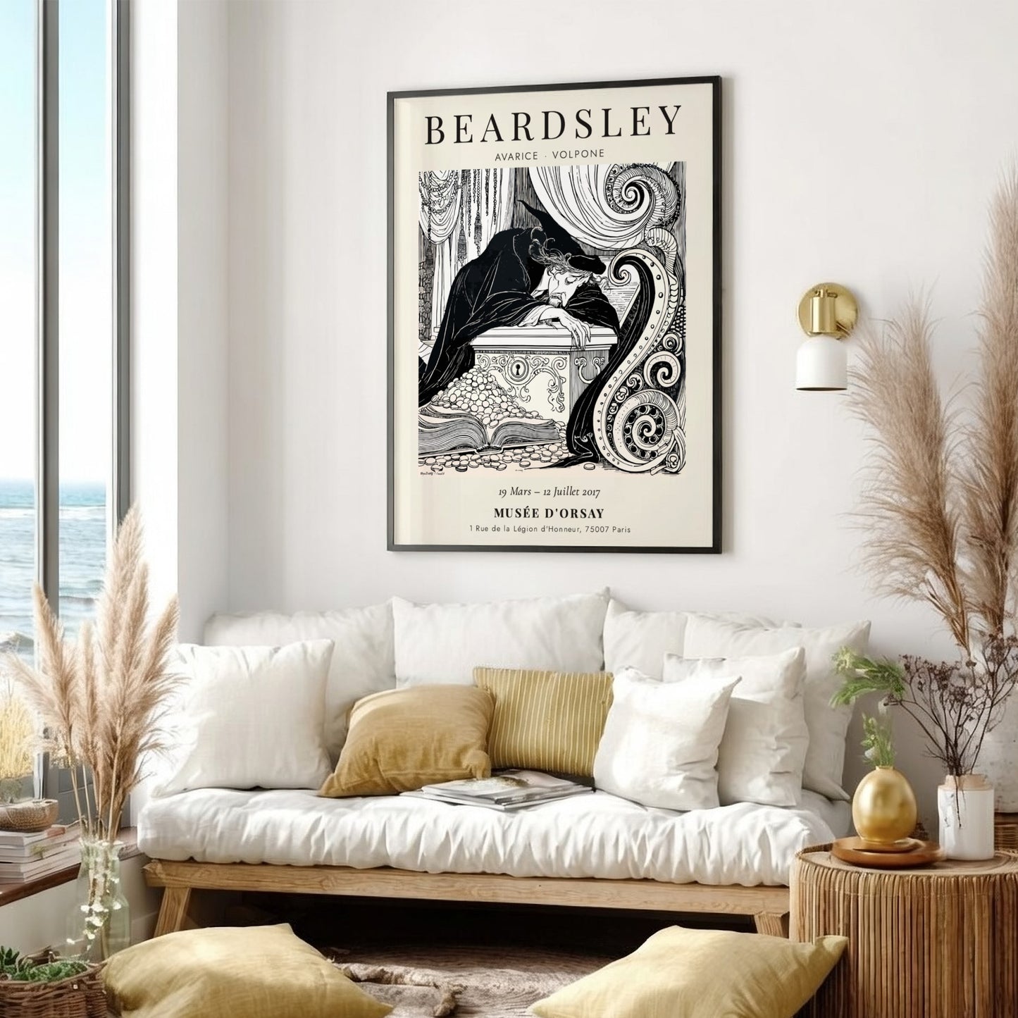 Aubrey Beardsley poster featuring Avarice from Volpone, intricate black-and-white illustration, elegant wall