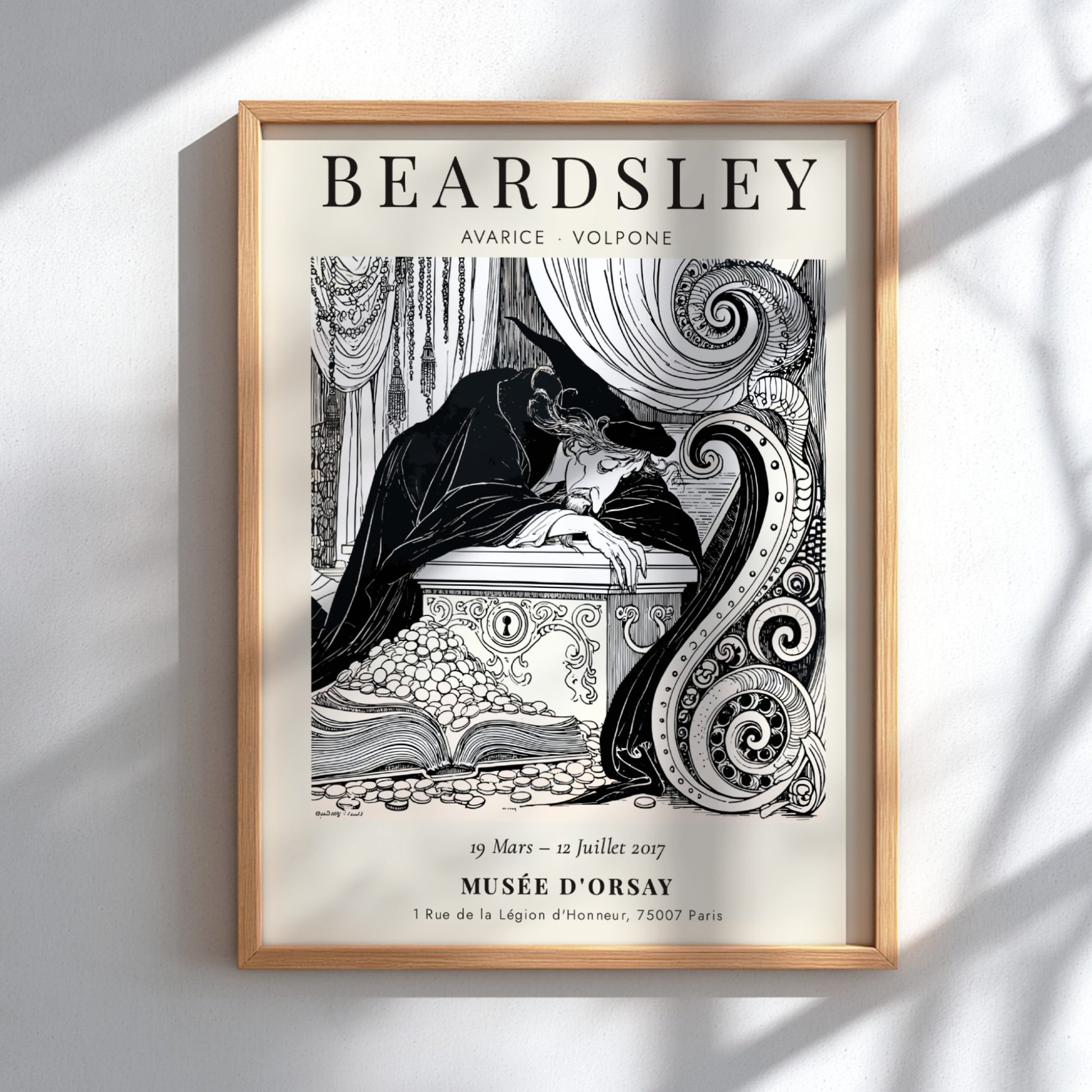 Aubrey Beardsley poster featuring Avarice from Volpone, intricate black-and-white illustration, elegant wall